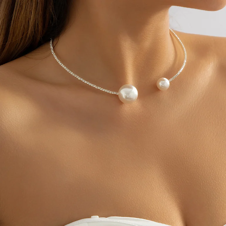 Unique minimalist temperament pearl open collar choker necklace for women personality trend metal pearl pendant necklace