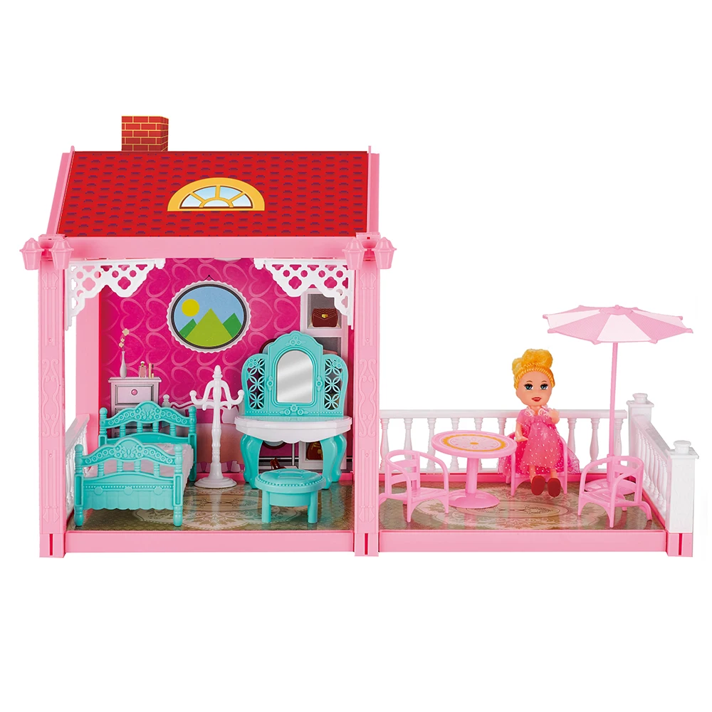 New Arrivals Girls Toy 3-Story 8 Rooms Mini Doll House Playhouse with 3 Doll Figures Slides Stairs Furniture Accessories