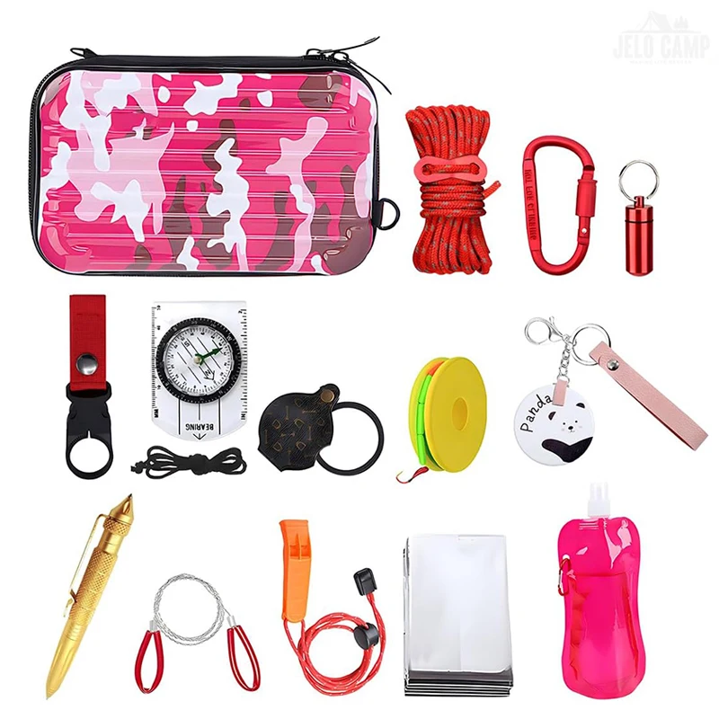 Popular Outdoor 14 pcs Camping Essential Survival Gear Tool Adventure Girls Women Teenagers Gifts Emergency Survival Kits