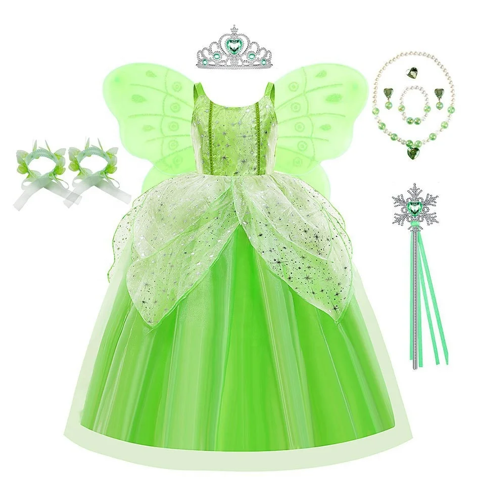 Factory price Halloween cosplay green elf dress Princess Tiana Tinker Bell school Party kids performance clothes