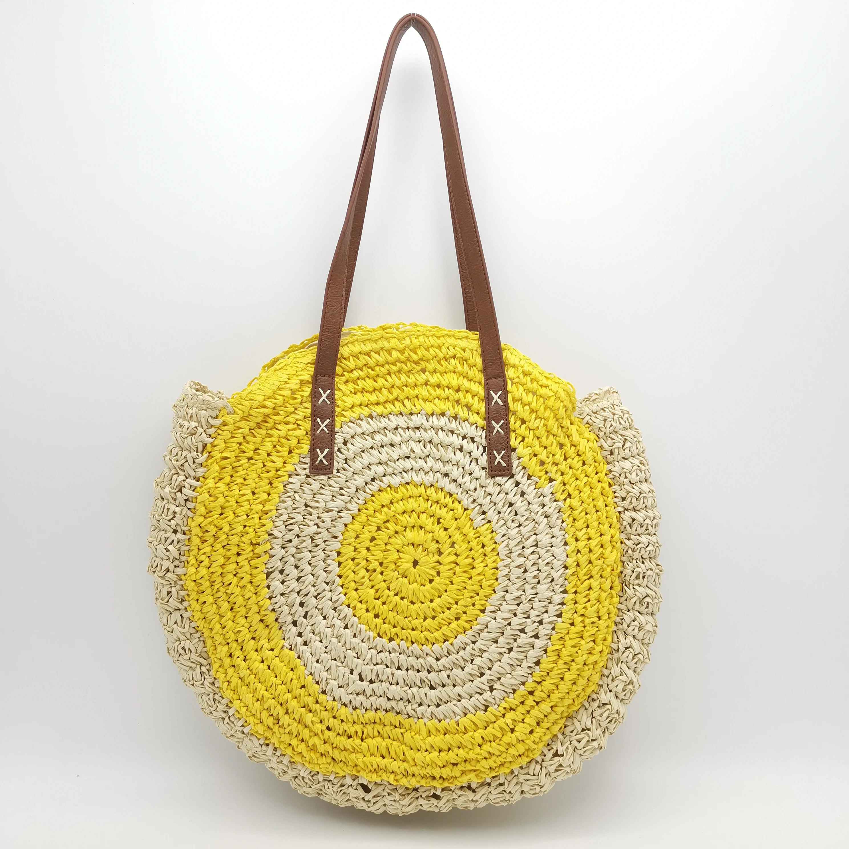 Green Women Handwoven Round Straw Bags Large Summer Beach Tote Shoulder Crochet Bag