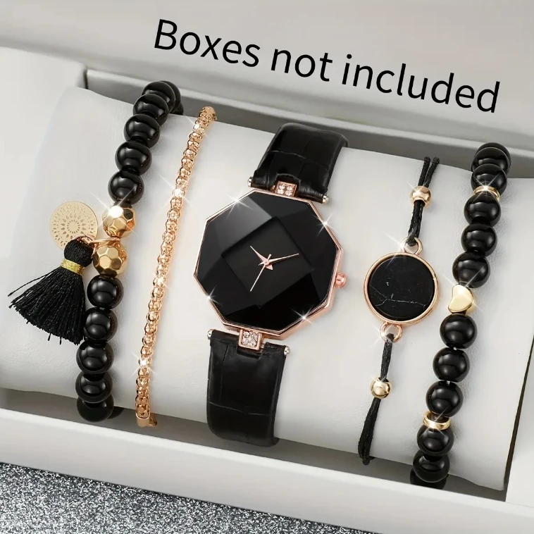 NJC Elegant Rhombus Dial 5pcs Ladies Quartz Watches Sets Rhinestone Leather Black Wrist Watch With Beads Bracelets Set