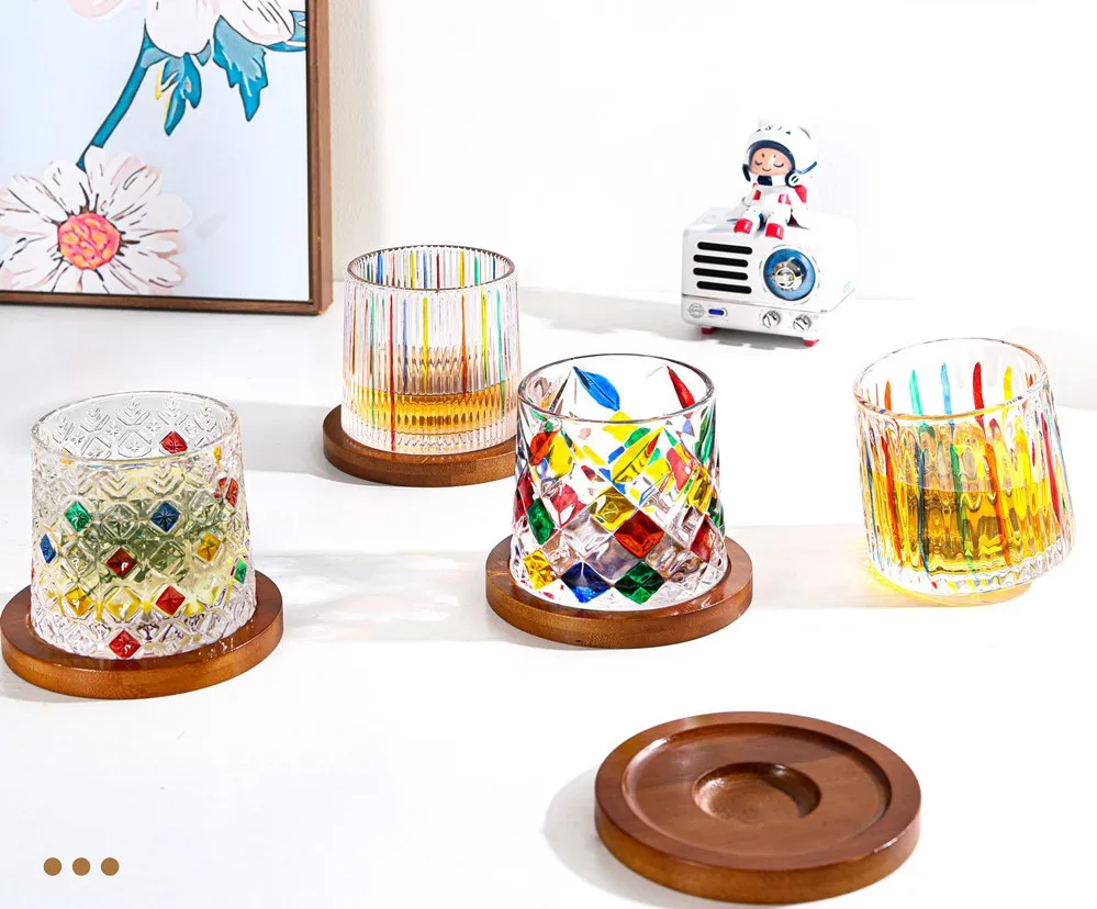 Colorful hand painted creative rotating glass beer mug transparent for premium bar drinking glass with wooden base and color box