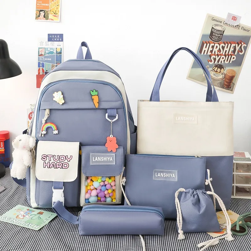 5 as One Set New Style High Junior School Bags Students Backpack Shoulder Bag for children