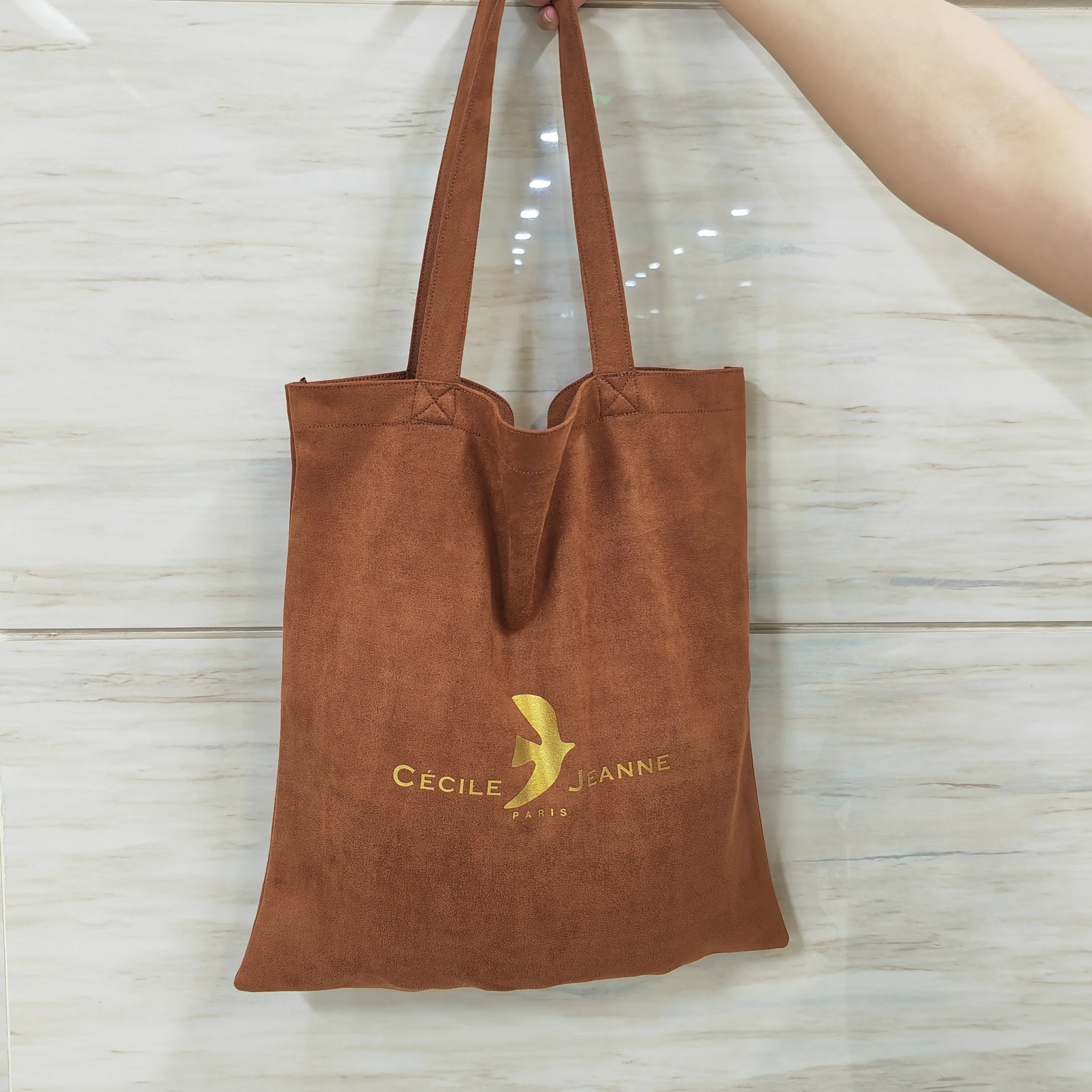Promotion Custom Logo Printing Faux Suede Handle Shopping Bag Luxury Brown Velvet Travel Shopping Tote Bag