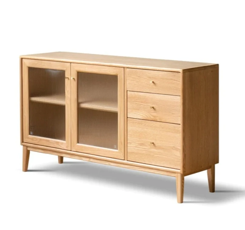 Oak solid wood sideboard cabinet Wooden Sideboard Buffet with Glass Doors Shelves and Drawers, Large Storage Cabinet