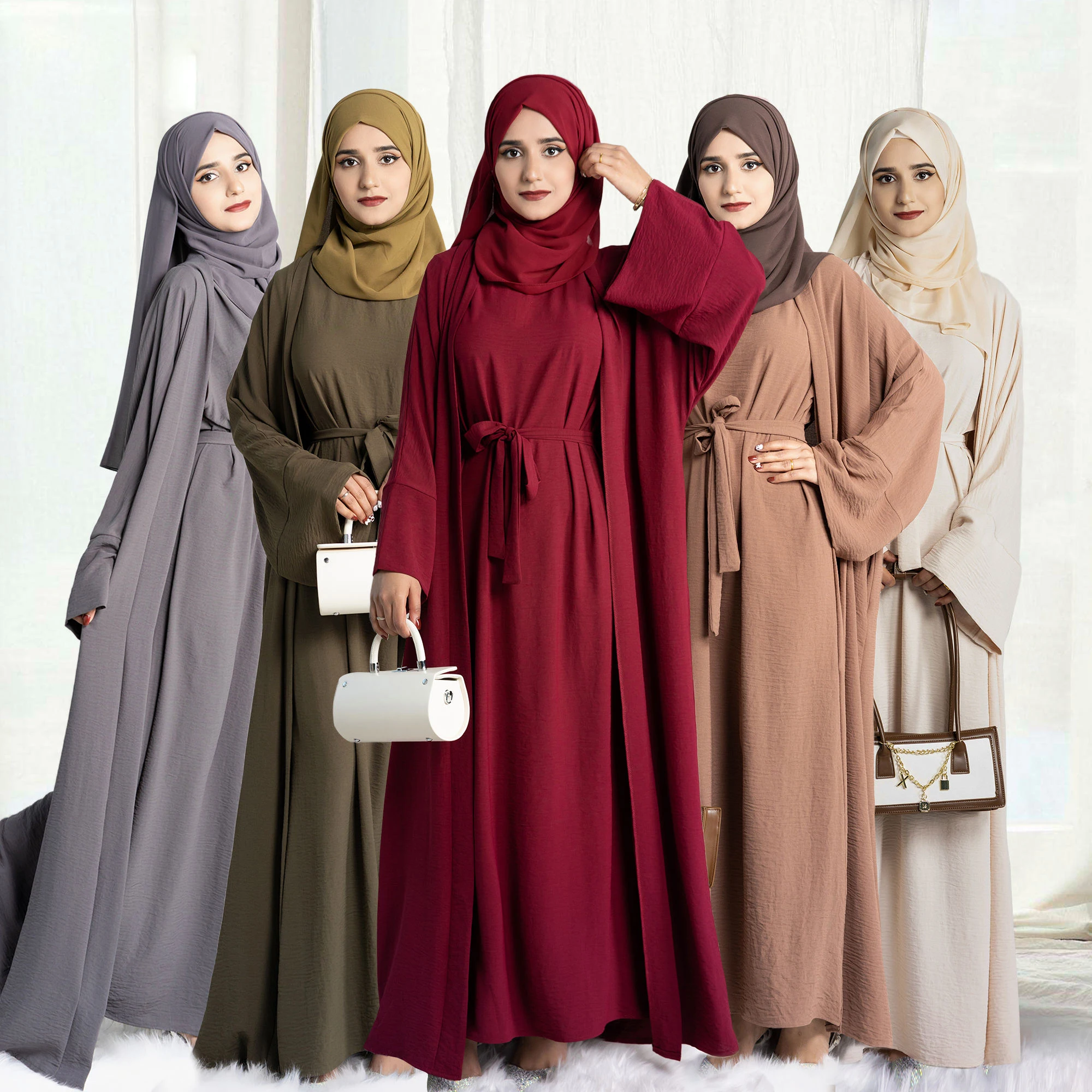 clothing manufacturer Custom Muslim women 2pcs Abaya set Plain Polyester long dress kimono Cardigan Islamic Clothing