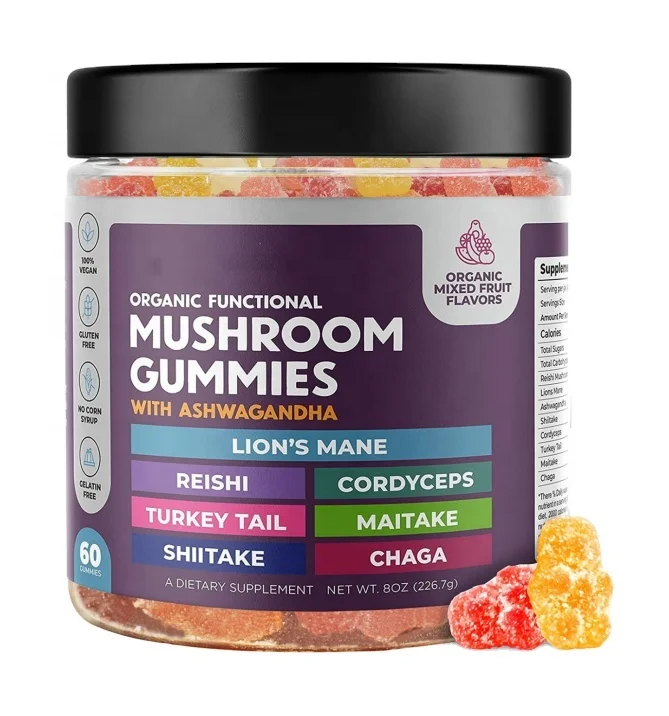Wholesaler OEM Lions Mane Mushroom Gummy 60 counts Organic functional Mushroom mix fruit Flavor Vegan Low Carb beras Gummies