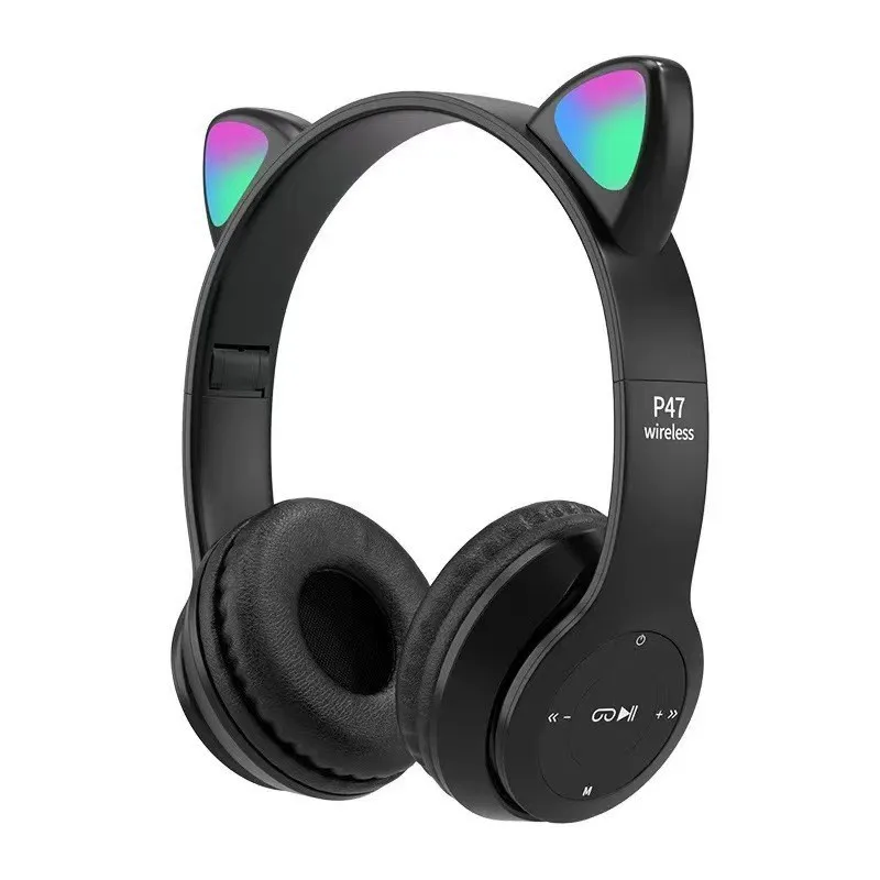 Custom Logo P47 Wireless Headphones Cute Cat headphone Ear Audio Stereo Sports Gaming Headset With Mic LED Lights Girl Earphone