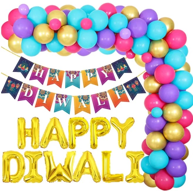 Blue Purple metallic latex Balloons Garland arch kit with Happy Diwali Banners Balloons for Diwali Festival of Light Party decor