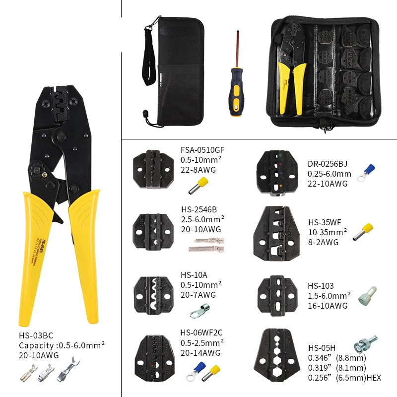 HS-03BC Wire Crimping Pliers Non Insulated Tabs Plug Spring Clamp Terminals Hand Tools Ratchet Plier Jaw Replacement kit alicat