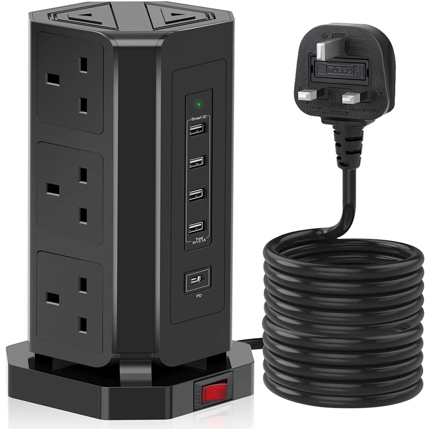 220V 13 Amp CE Vertical Power Plug and Tower Shape Extension Socket USB Outlet UK with USB -A USB-C charging socket