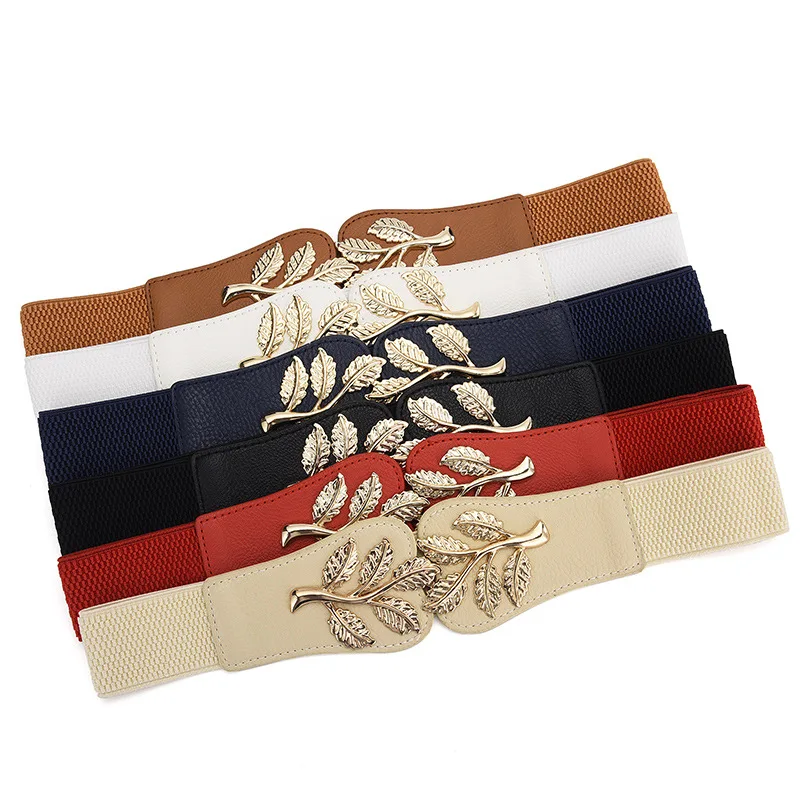 Wholesale Cheap Price Multi Colors Lady Dress Elastic Waist Belt Gold Leaf