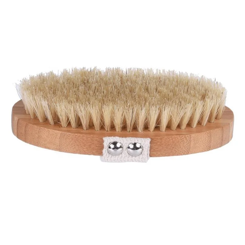 Natural EXFOLIATING Body Wooden Boar Bristle Pig Hair Bath Brush Scrub Skin Massage Shower Round Head Bamboo Massager