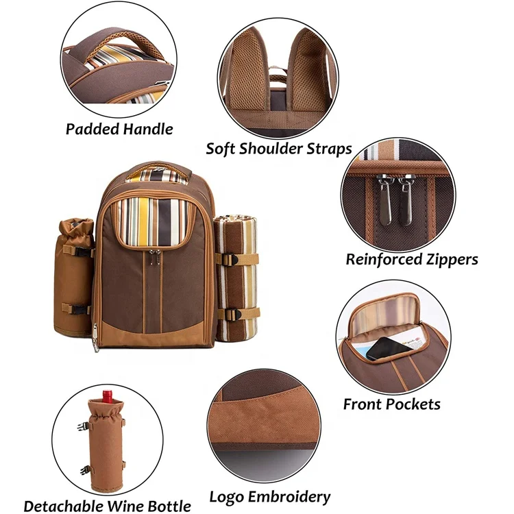 2 4 Persons Picnic Backpack Bag with Cooler Compartment Detachable Bottle Holder