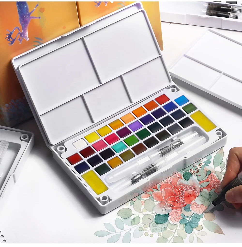 In Stock 12/18/24/36 Colors Professional Artist HalfPan Metallic Water Color Paint Cake Solid Watercolor Paint Set with Brush