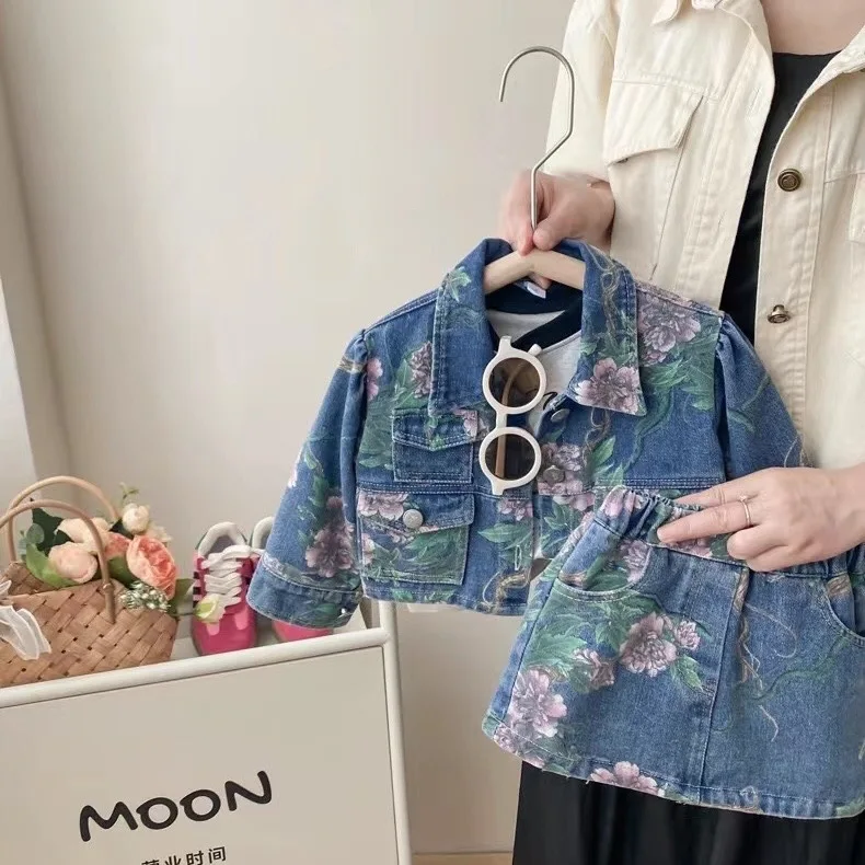 2024 Autumn/Winter new denim suit for girls Fashion cute floral denim coat plus skirt two-piece set