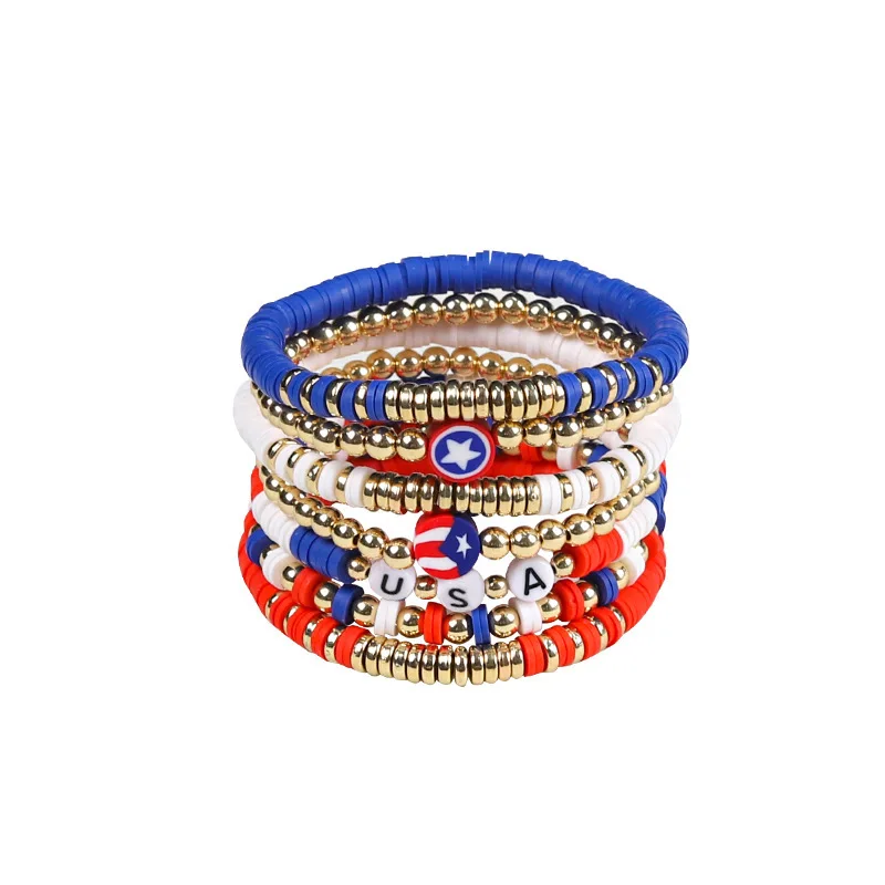 Rainbow Heishi Bracelets for Women 6 pcs/set Handmade Soft Polymer Clay American USA Flag Stretch Bracelet