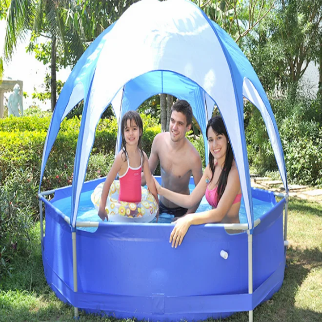 Family garden swimming pool with sunshade umbrella, foldable inflatable family tent pool