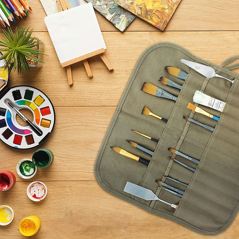22 Slot Pockets Carry Pouch Canvas Art Paint Brush Holder & Storage Organizer Roll-Up Case Bag