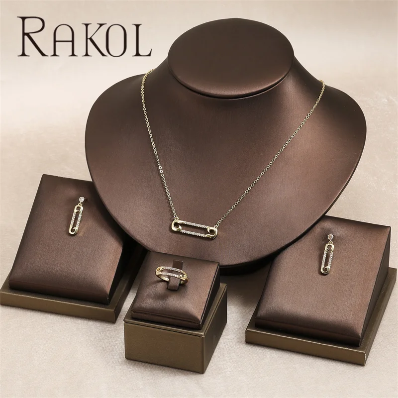 Rakol SP3452 Simple Paper Clip With Zircon Pendant Necklaces Earrings Set Elegant Gold Plated Jewelry Set For Women