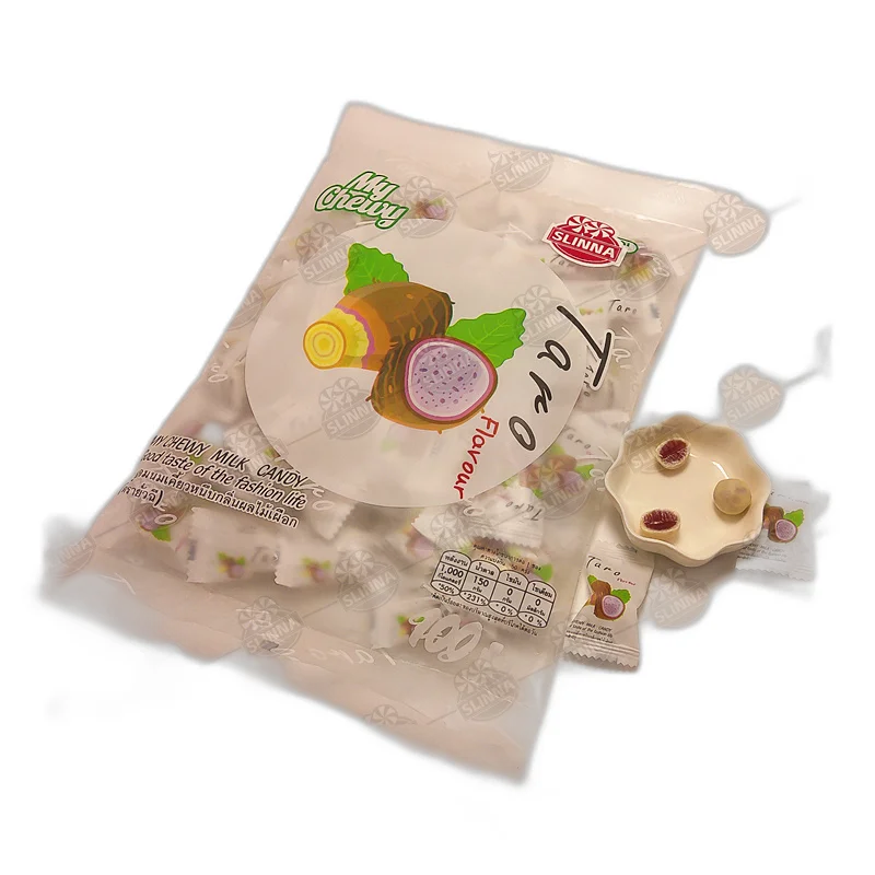 Delicious halal taro flavor chewy milk balls candy fruity gummy candy fruity milk soft candy colorful bag packages