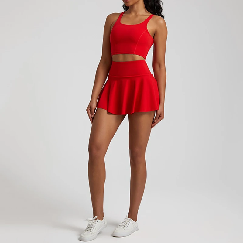 YIYI Summer Sports Gym Clothing Two Piece Yoga Wear Athletic Golf Tennis Short Skirt And Tank Top Bra Pleat Skirts Set For Women