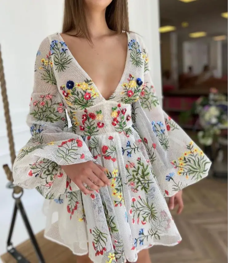 Female Fashion New V Neck Pattern Long Sleeve Embroidered Woman Dresses Mini Short  Dresses