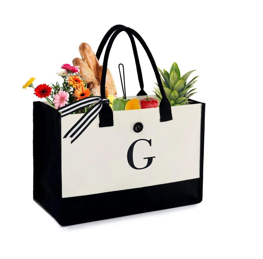 Utility Tote Bag Initial Personalized Canvas Tote Bag with Inner Zipper Pocket Embroidery Beach Tote  Large Cute Gift for Women