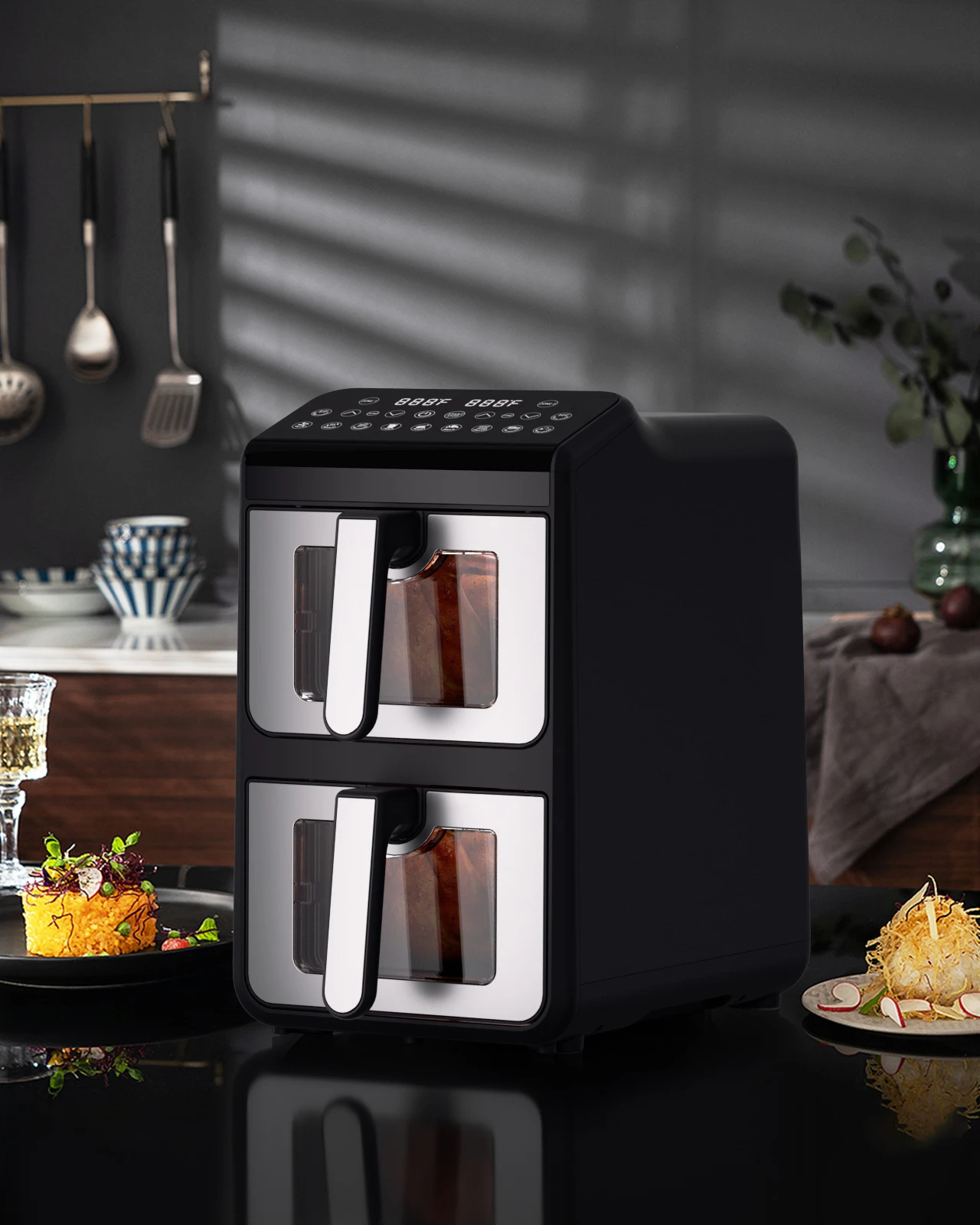New Design Smart Stainless Steel Air Fryer Oven With LCD Display 10L Oil-free Dual Basket Air Fryer