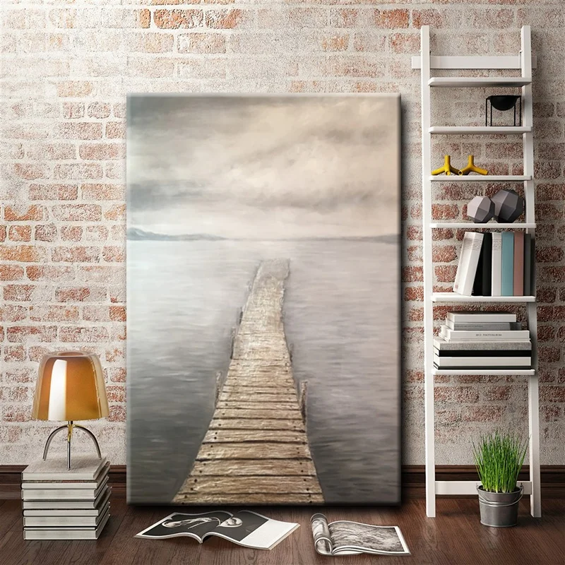 Gray Background Wood Bridge Handpaint Acrylic Oil Painting On Canvas Wall Decoration