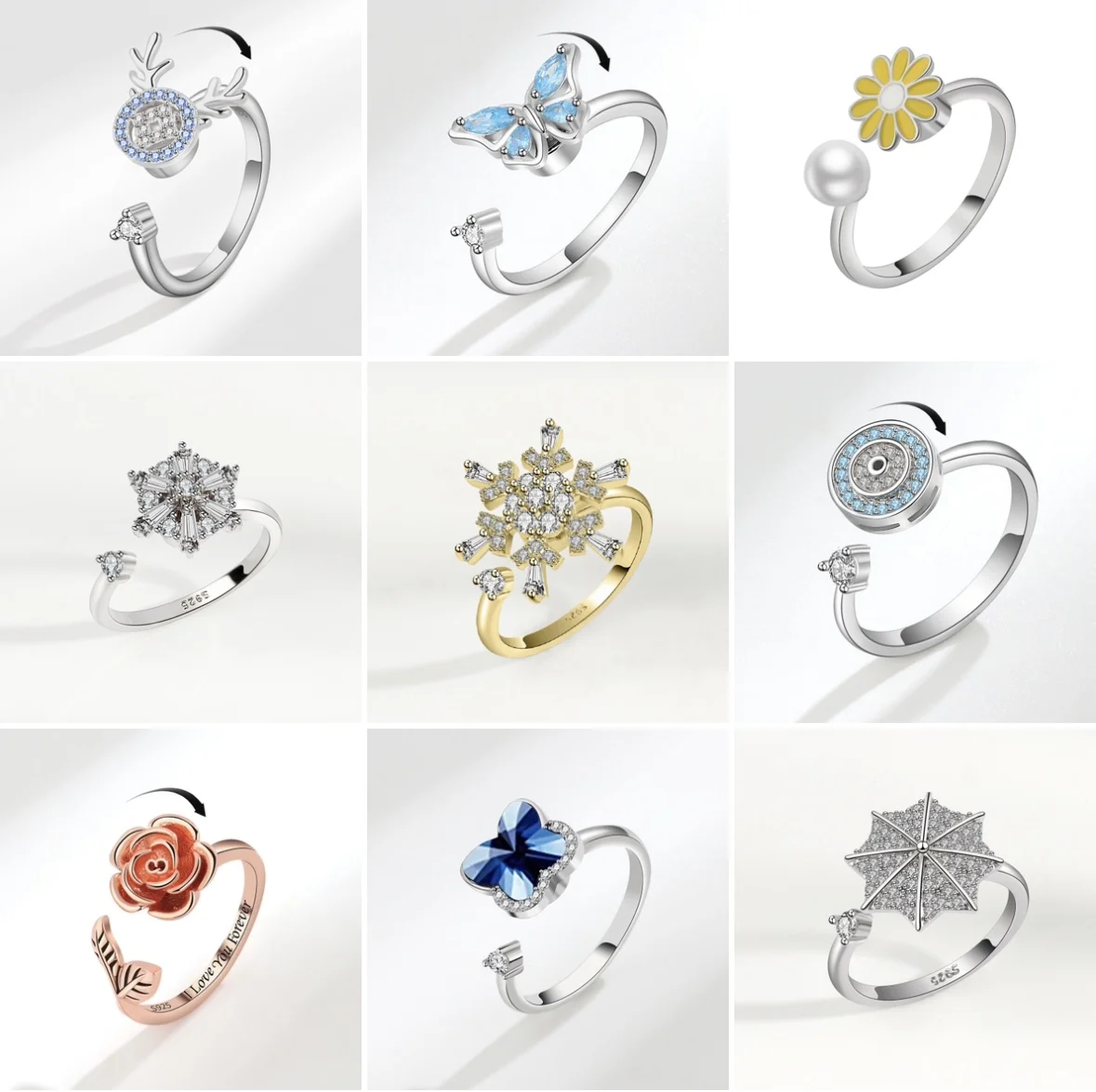 new design girls women ring jewelry gold plated custom rotating crystal adjustable fidget anxiety spinning ring