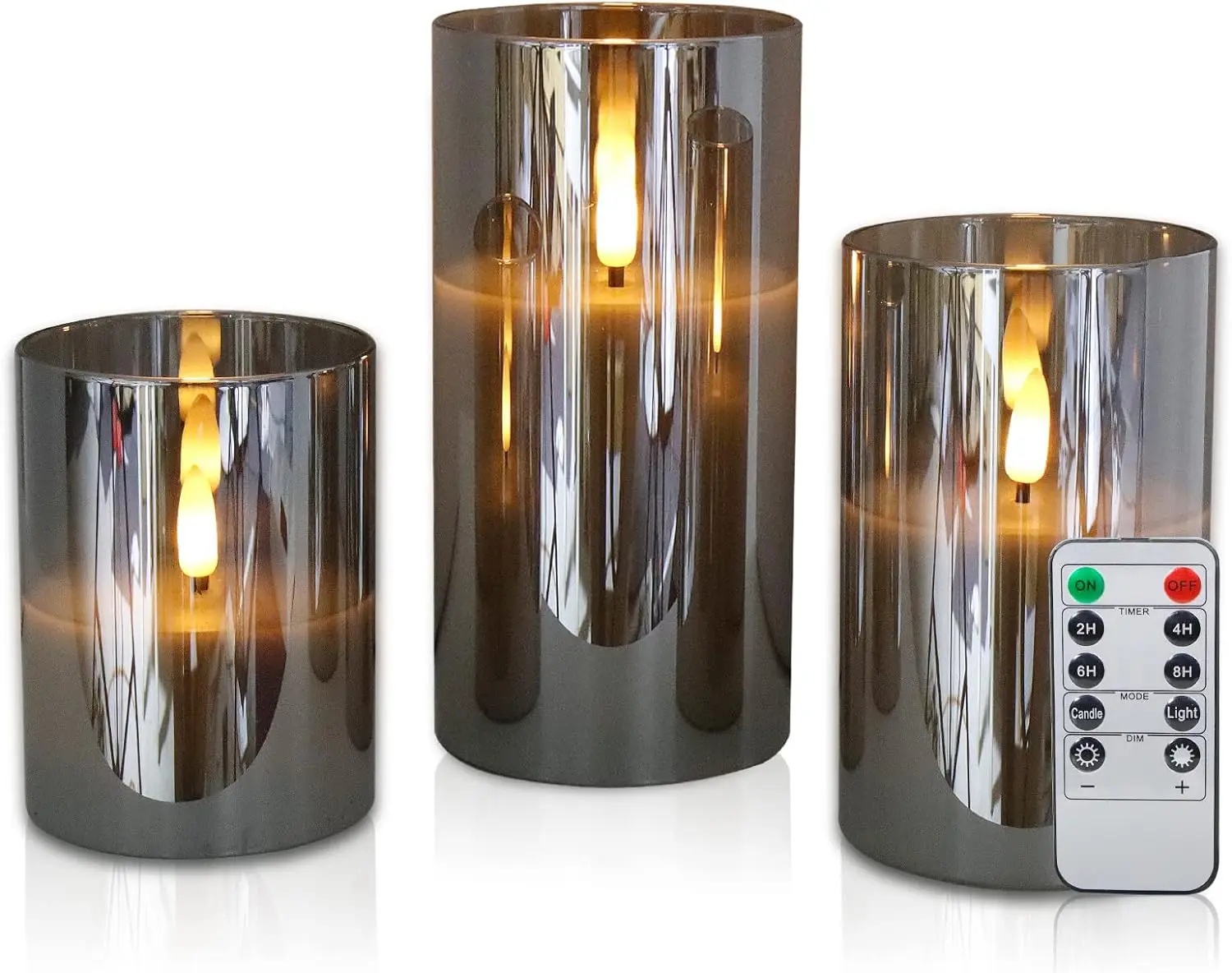 Wholesale Grey Set of 3 home decoration 3d real flame pillar remote control flameless glass led candle