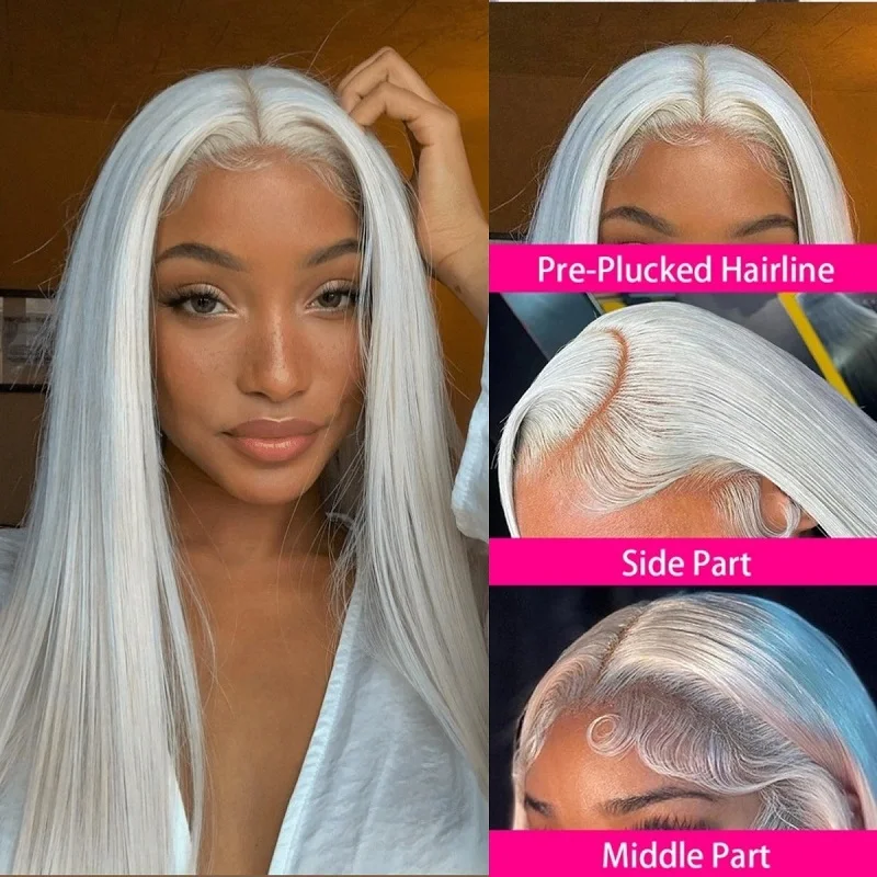 ISEE Silver Grey Straight Lace Front Wig Pre Plucked Transparent Swiss 13X4 Lace Frontal Colored Human Hair Wigs For Black Women