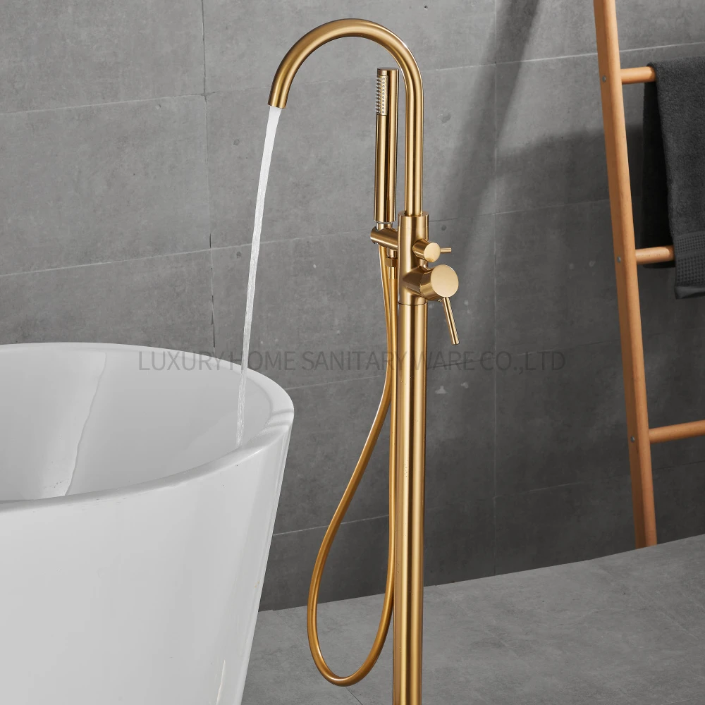 Luxury home fashion style gold brush PVD color round floor standing bathtub faucet