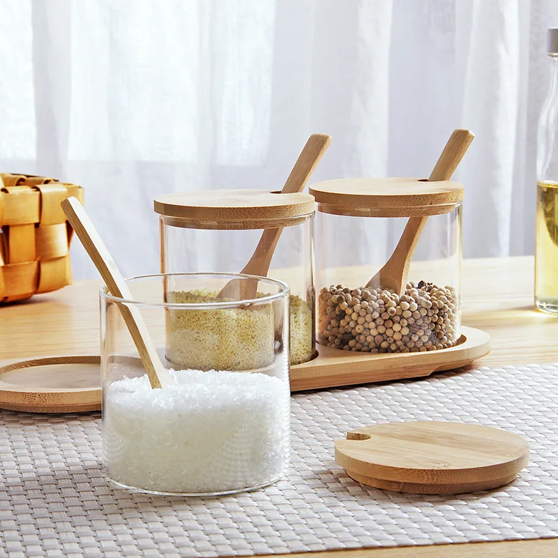 250ml Kitchen Glass Spice Sugar Salt Storage Canisters Set With Bamboo Lids And Spoon
