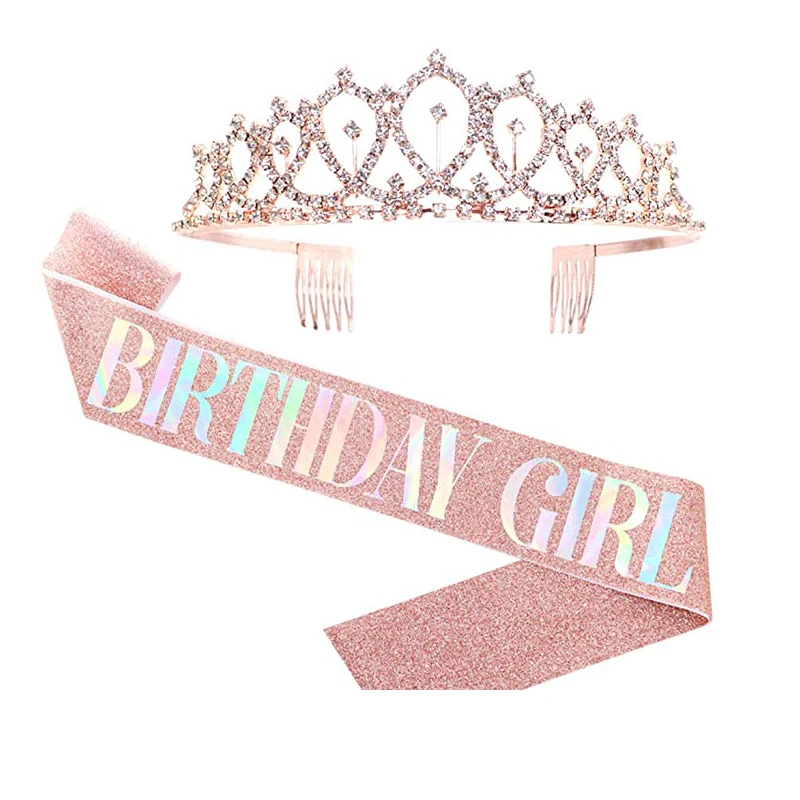 Birthday Girl Sash  Rhinestone Tiara Kit - Gold Glitter Birthday Gifts for Women Birthday Party Supplies