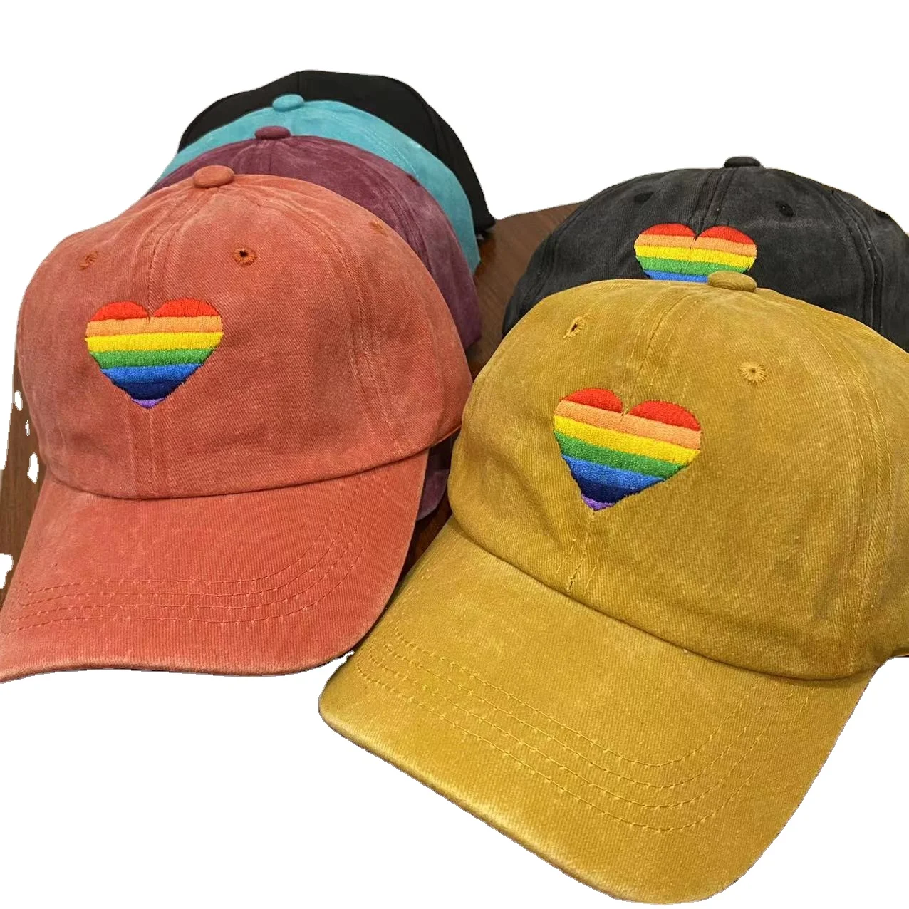 Rainbow Heart Washed Hat Peaked Cap Customize moq 100pcs