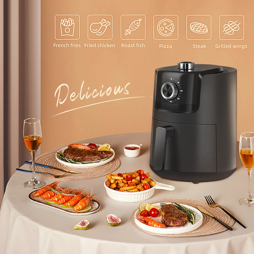 900W 2L Knob Control Multifunctional Electric Non-stick Air Fryers PTFE Round Oven Wi Fryers Oven with Mechanical Timer Black