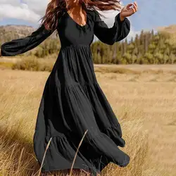 V Neck Ruffle Smock Dress A-line Comfortable Holiday Loose Pleated Dress 2023 Hot Selling Long Maxi Dress Women