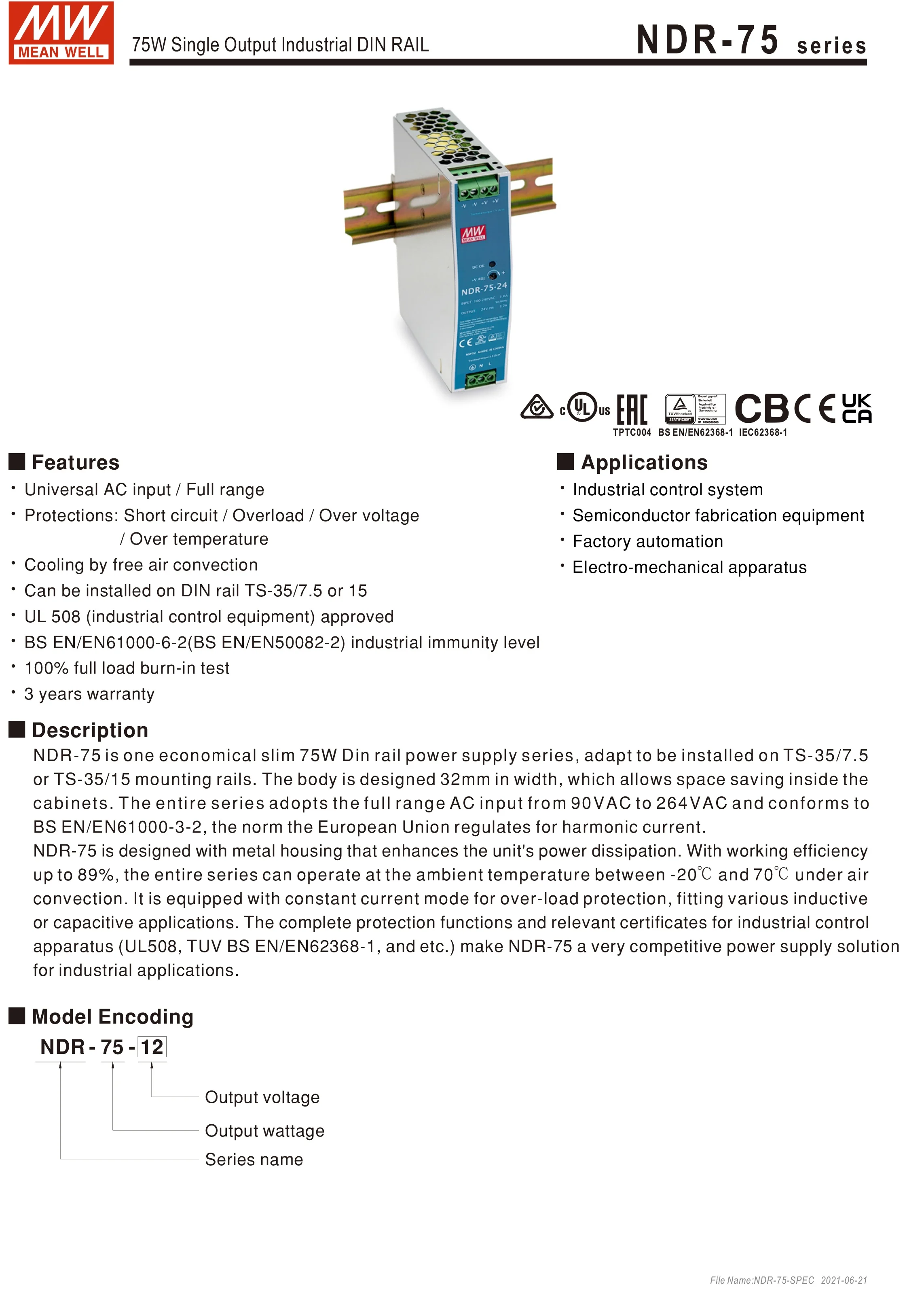 TaiWan MeanWell power supply NDR-75-24 NDR-75-12 NDR-75-48 12V 24V 48V DC Rail power box switching