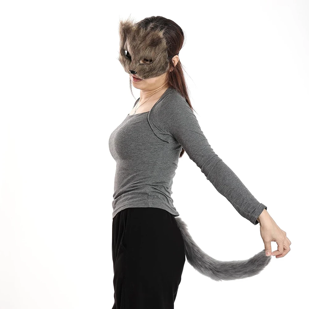 Ladies Sexy Faux Fur Fox Masquerade Mask and Furry Tail Suits Animal Cat Face Mask and Tail Sets for Women Girls Halloween Party