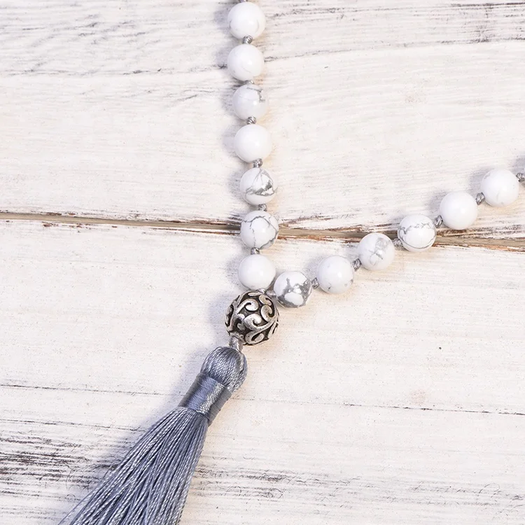 2024 Yoga Mala Beads 108 Necklace 8mm White howlite stone Knotted Necklace Handmade Tassel Necklaces Yoga Jeweley