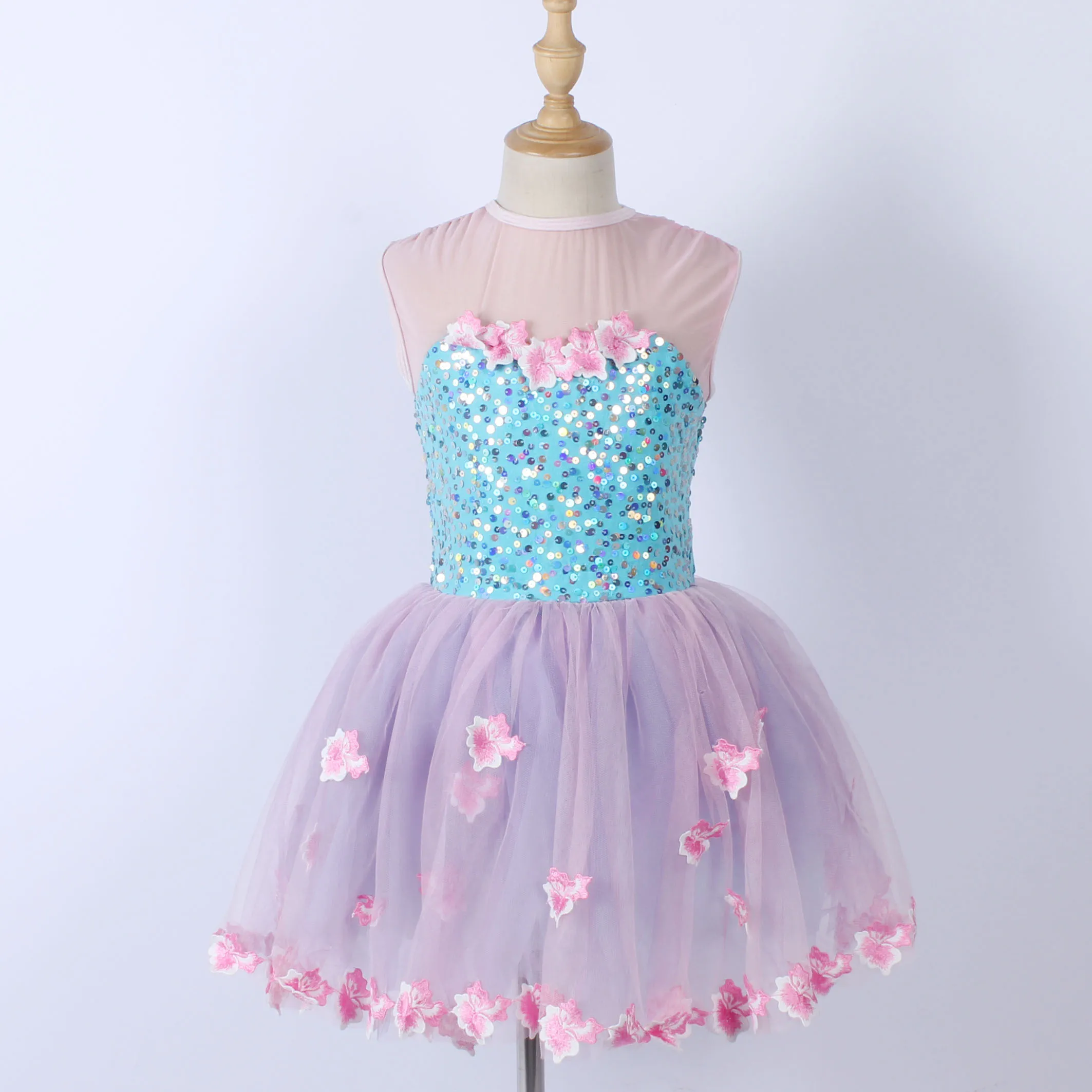 girls classic stage performance ballet dress pink flower mesh party dance wear blue shiny sequin flower fairy dance costume