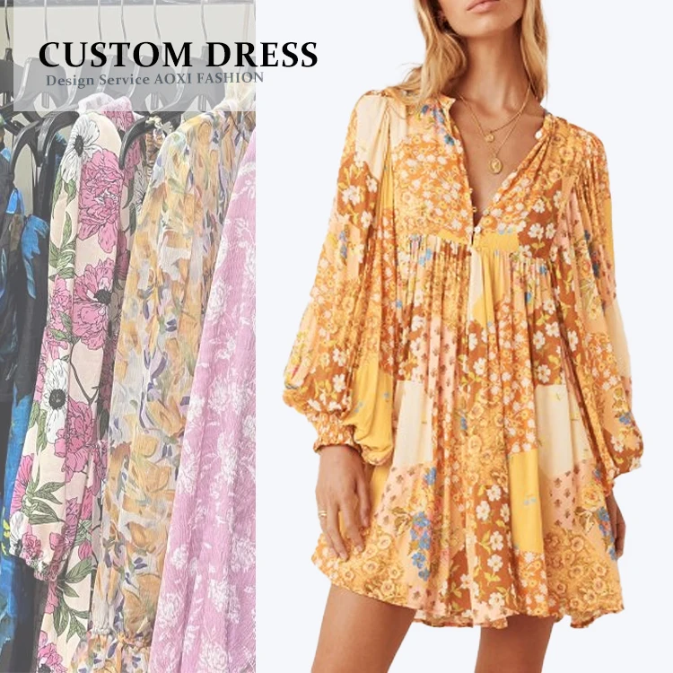 AX Dongguan women clothing manufacturer robe femme boho mini custom dresses women beach wear printed maxi floral casual dress