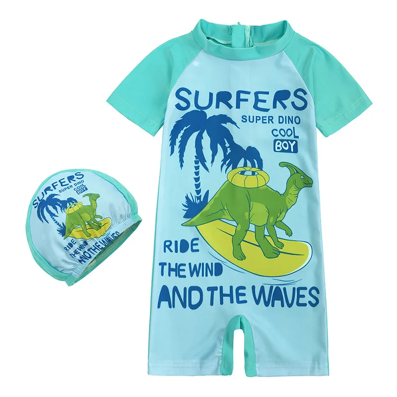 Market Union wholesale toddler swimsuit with hat cartoon print girls boys bathing suit short sleeve kids swimwear with hat
