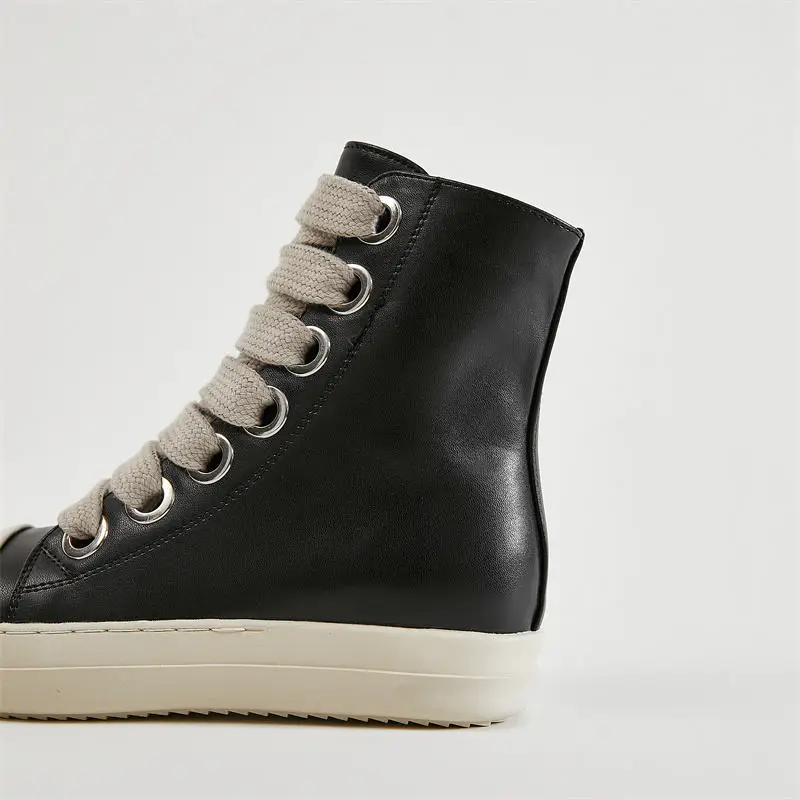 Hip hop trend Round Toe Top Board Sneakers Black Leather  Shoes Women Zip Ankle Lace Up Motorcycle Boots