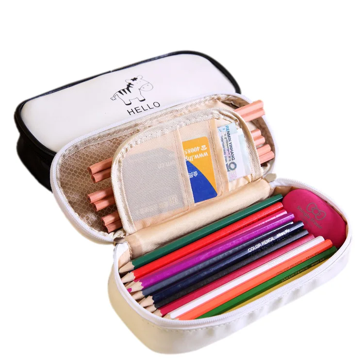 Cute large-capacity PU Students Kids School Double-layer Stationery Box Organizer Zipper Pencil Case Pen Bag Pouch