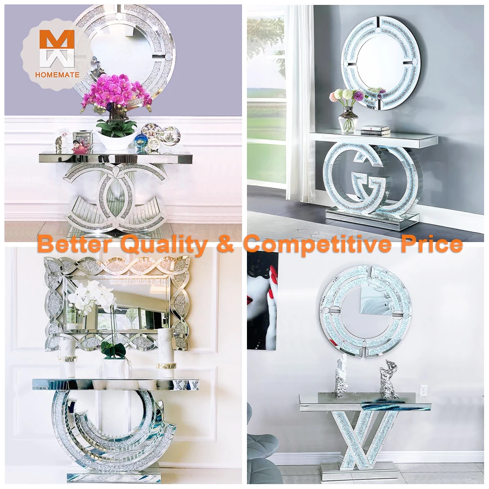 Competitive Modern style Mirrored C shaped Console Table with Crush Diamond