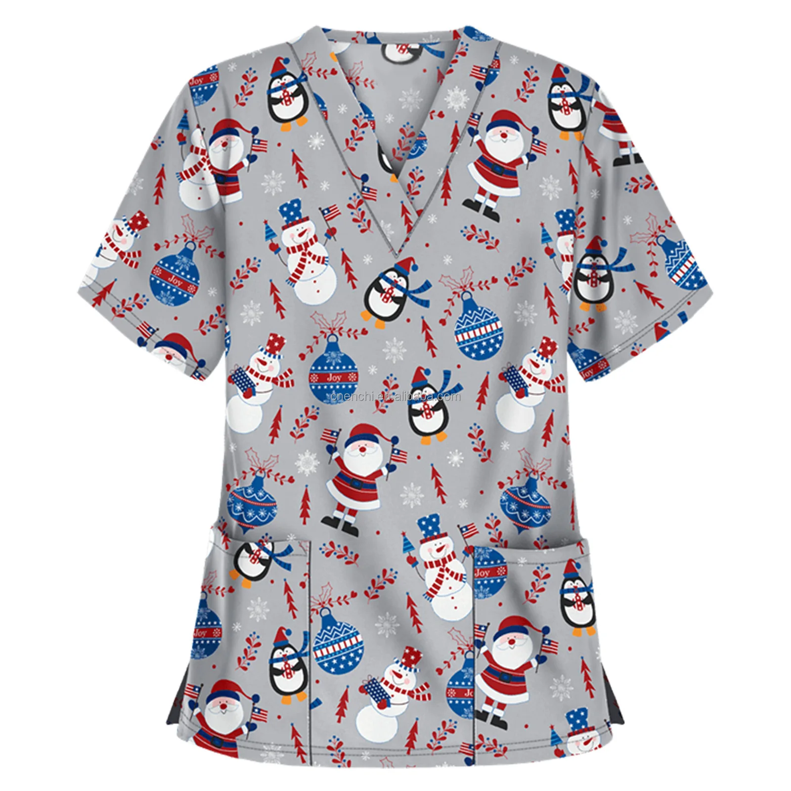 Wholesale Christmas Prints Pattern Scrubs Tops Women Medical Uniform Nursing Shirts Short Sleeve Stretch Hospital Nurses Uniform